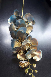 Orhidee artificială albastru-aurie din silicon – 100 cm, floare decorativă realistă